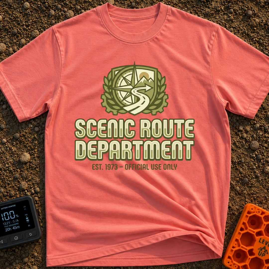 Scenic Route Authority - T-Shirt in Watermelon - An olive green crest graphic featuring a compass, mountains, a sun, and...