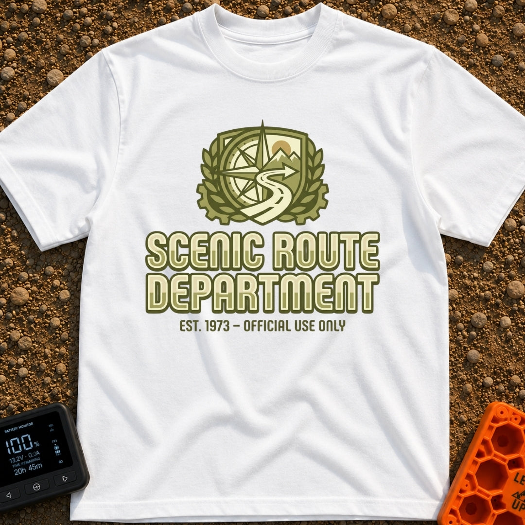 Scenic Route Authority - T-Shirt in White - An olive green crest graphic featuring a compass, mountains, a sun, and a...
