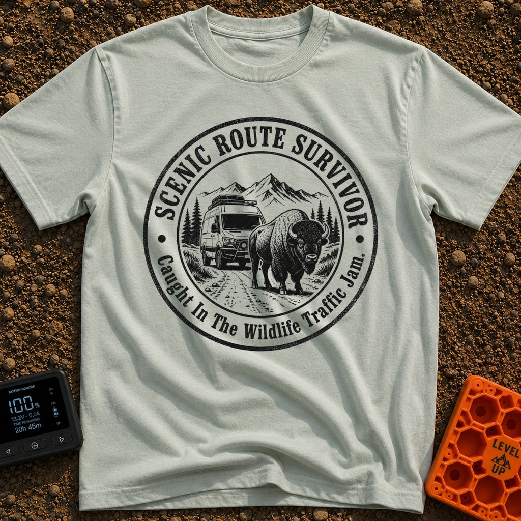 Survived The Scenic Route - T-Shirt in Bay - A circular, black-and-white illustration of a camper van stopped on a dirt...