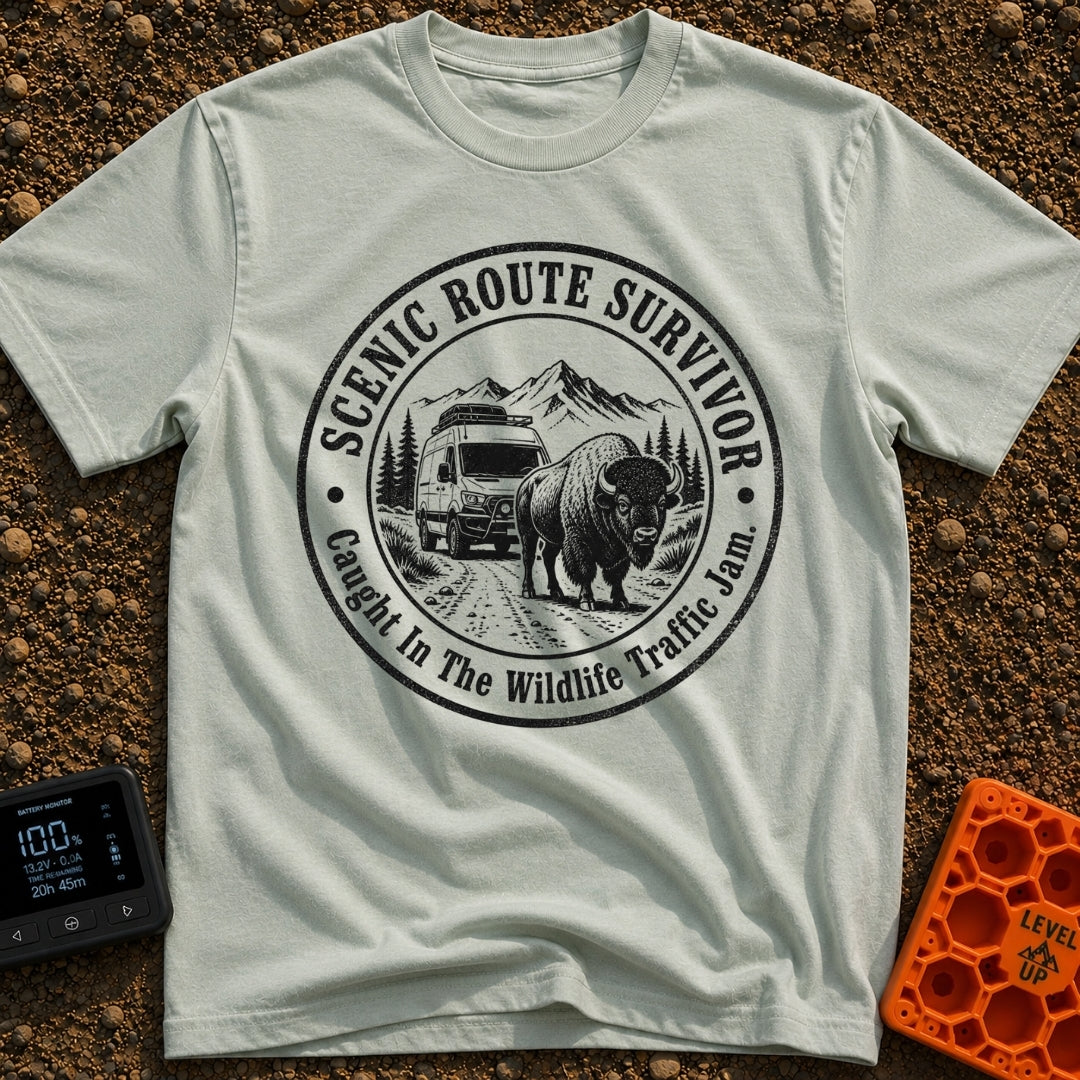 Survived The Scenic Route - T-Shirt in Bay - A circular, black-and-white illustration of a camper van stopped on a dirt...