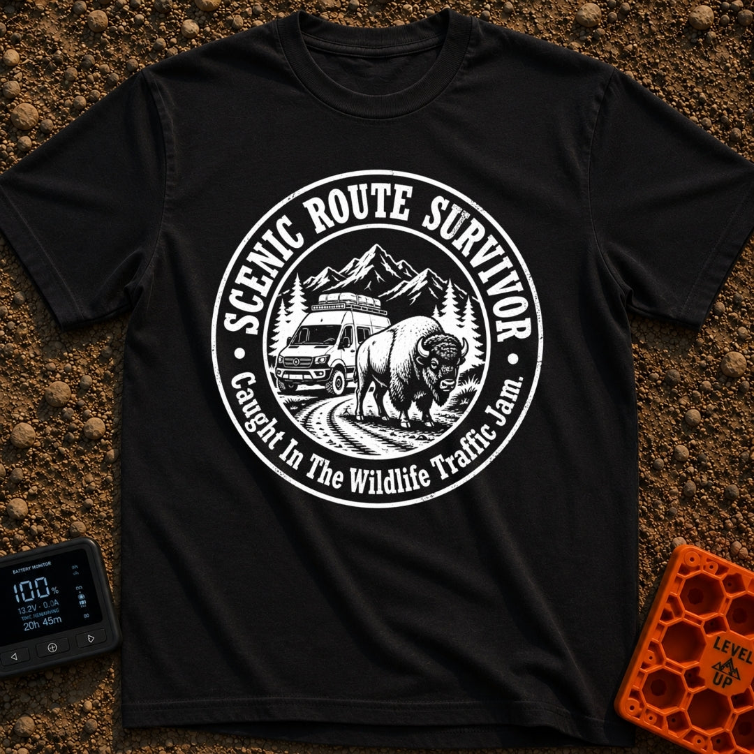 Survived The Scenic Route - T-Shirt in Black - A circular, black-and-white illustration of a camper van stopped on a dirt...