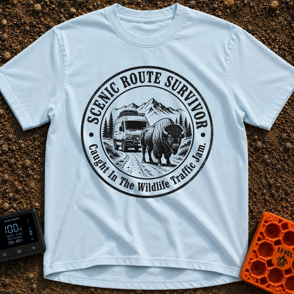 Survived The Scenic Route - T-Shirt in Chambray - A circular, black-and-white illustration of a camper van stopped on a...
