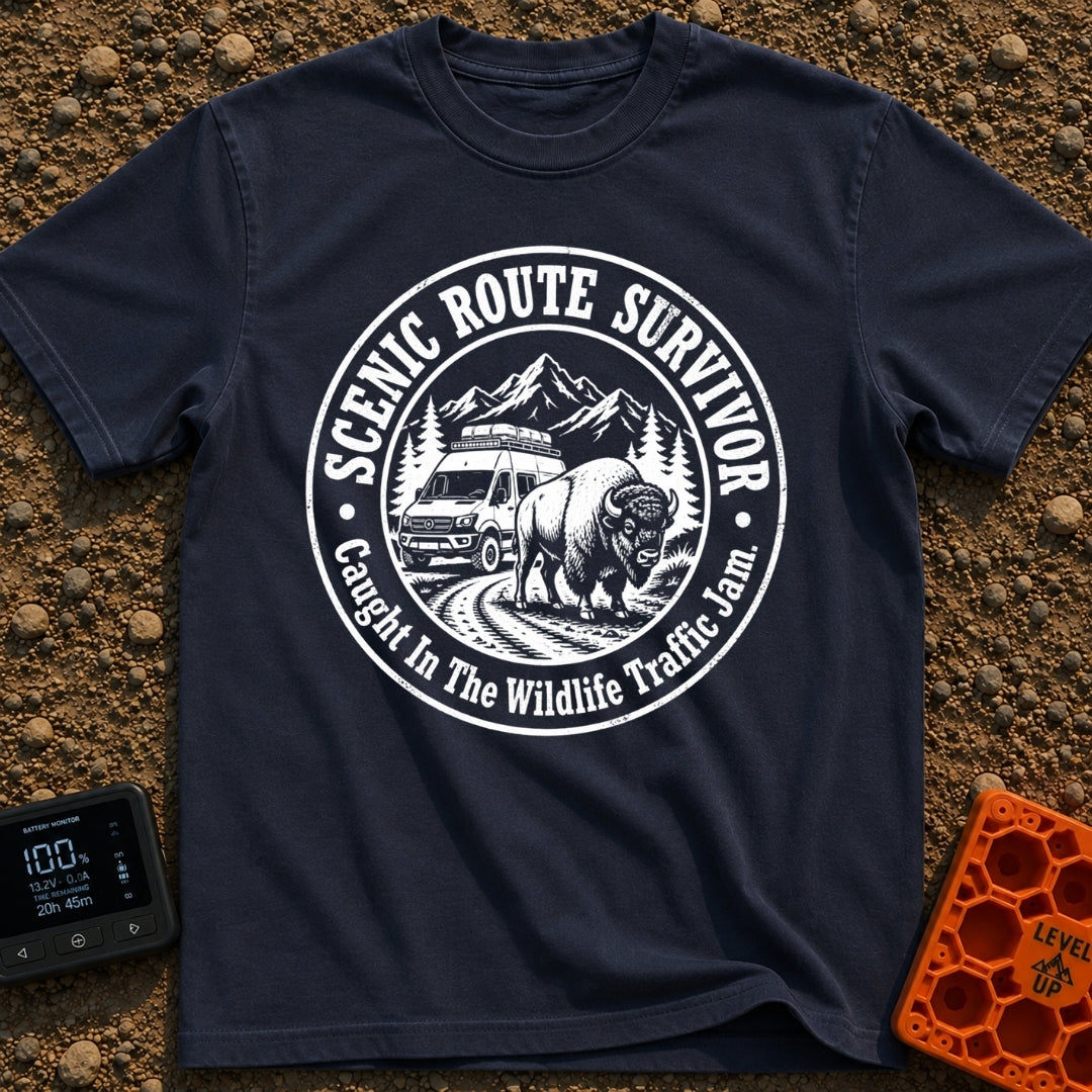 Survived The Scenic Route - T-Shirt in Navy - A circular, black-and-white illustration of a camper van stopped on a dirt...