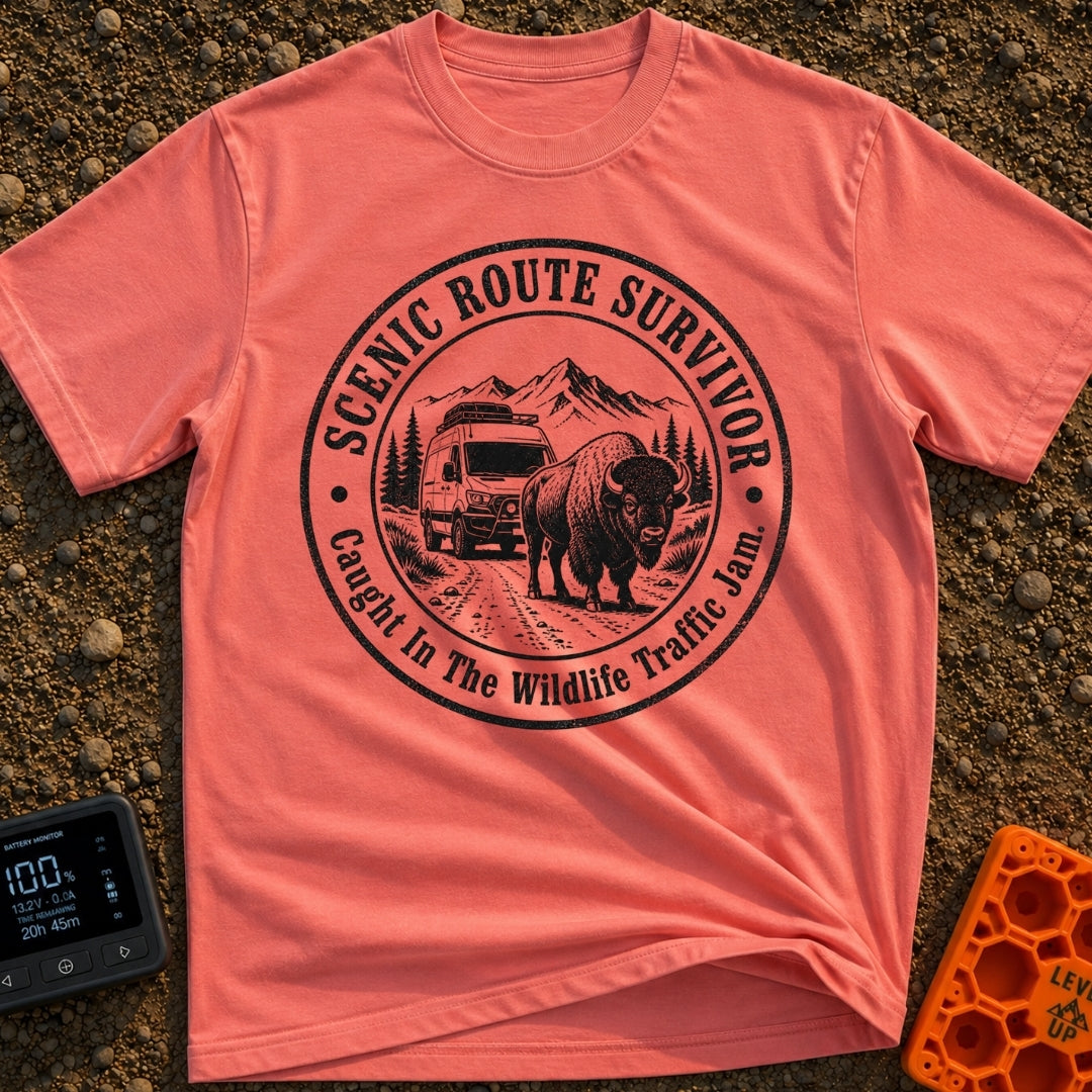 Survived The Scenic Route - T-Shirt in Watermelon - A circular, black-and-white illustration of a camper van stopped on a...