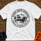 Survived The Scenic Route - T-Shirt in White - A circular, black-and-white illustration of a camper van stopped on a dirt...