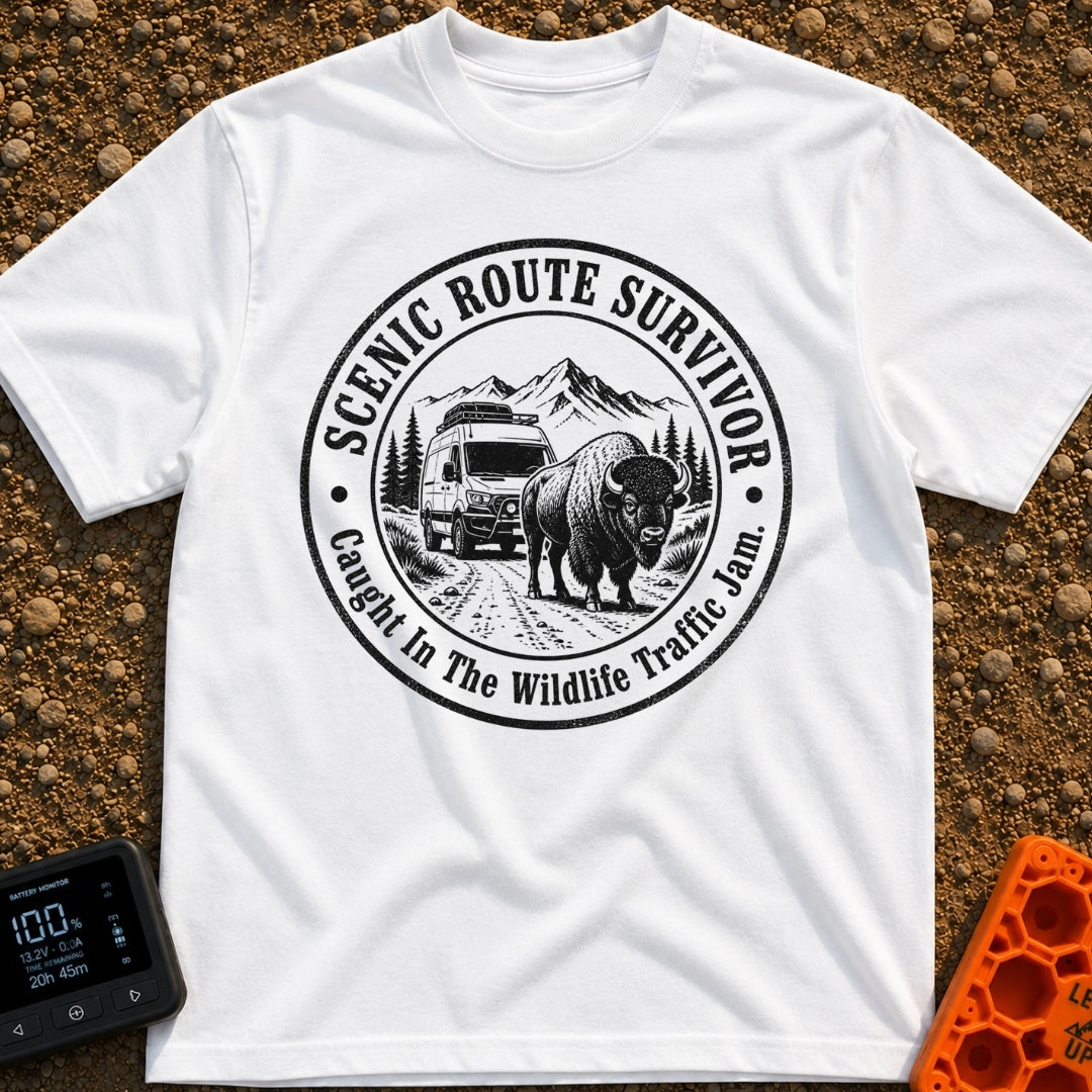 Survived The Scenic Route - T-Shirt in White - A circular, black-and-white illustration of a camper van stopped on a dirt...