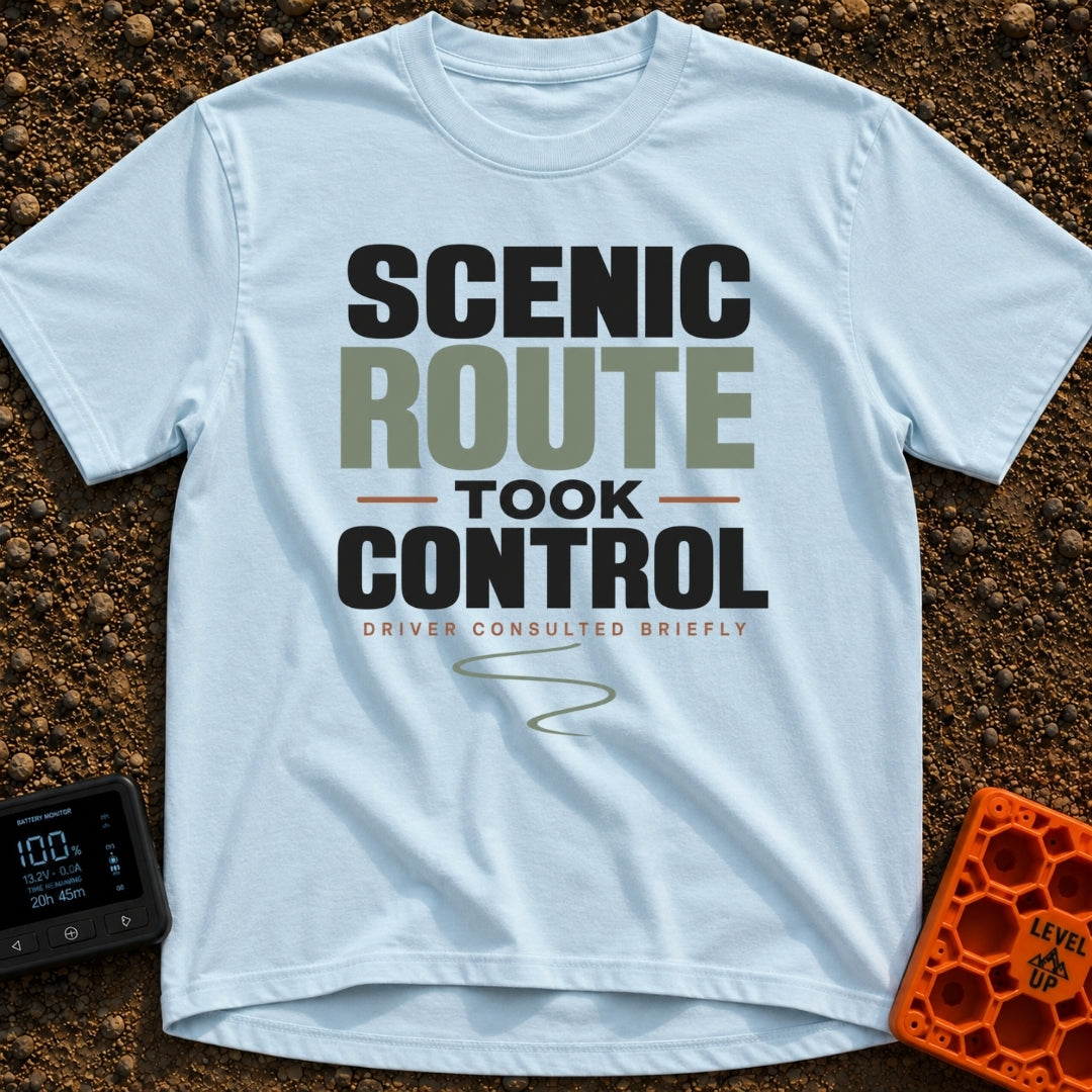 Scenic Route Took Control - T-Shirt in Chambray - Text-based design reading "SCENIC ROUTE TOOK CONTROL" in large block...