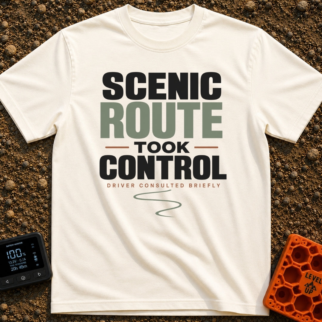 Scenic Route Took Control - T-Shirt in Ivory - Text-based design reading "SCENIC ROUTE TOOK CONTROL" in large block...