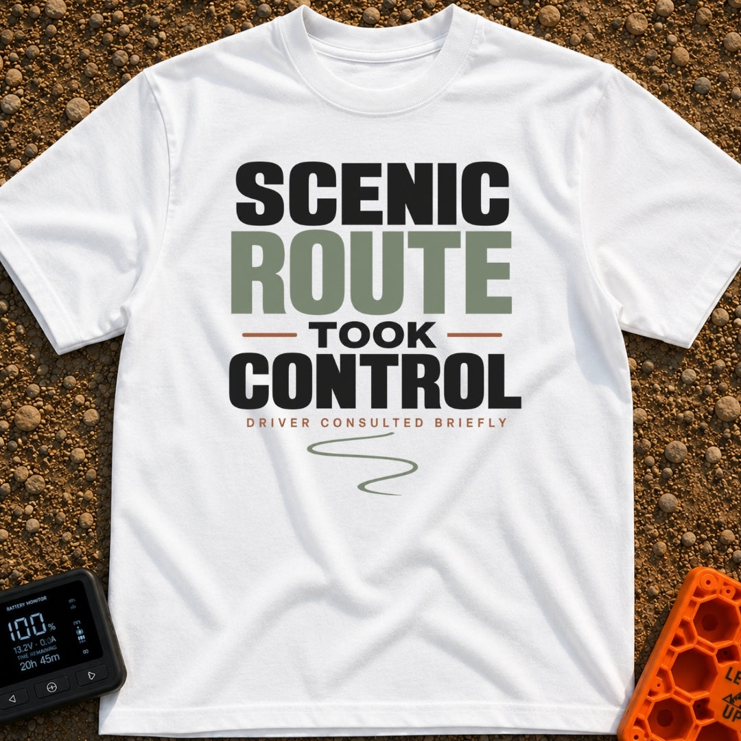 Scenic Route Took Control - T-Shirt in White - Text-based design reading "SCENIC ROUTE TOOK CONTROL" in large block...
