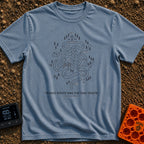 Scenic Route By Default - T-Shirt in Blue Jean - A minimalist line drawing of a highly convoluted, maze-like road leading...