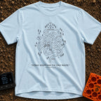 Scenic Route By Default - T-Shirt in Chambray - A minimalist line drawing of a highly convoluted, maze-like road leading...