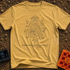 Scenic Route By Default - T-Shirt in Mustard - A minimalist line drawing of a highly convoluted, maze-like road leading...