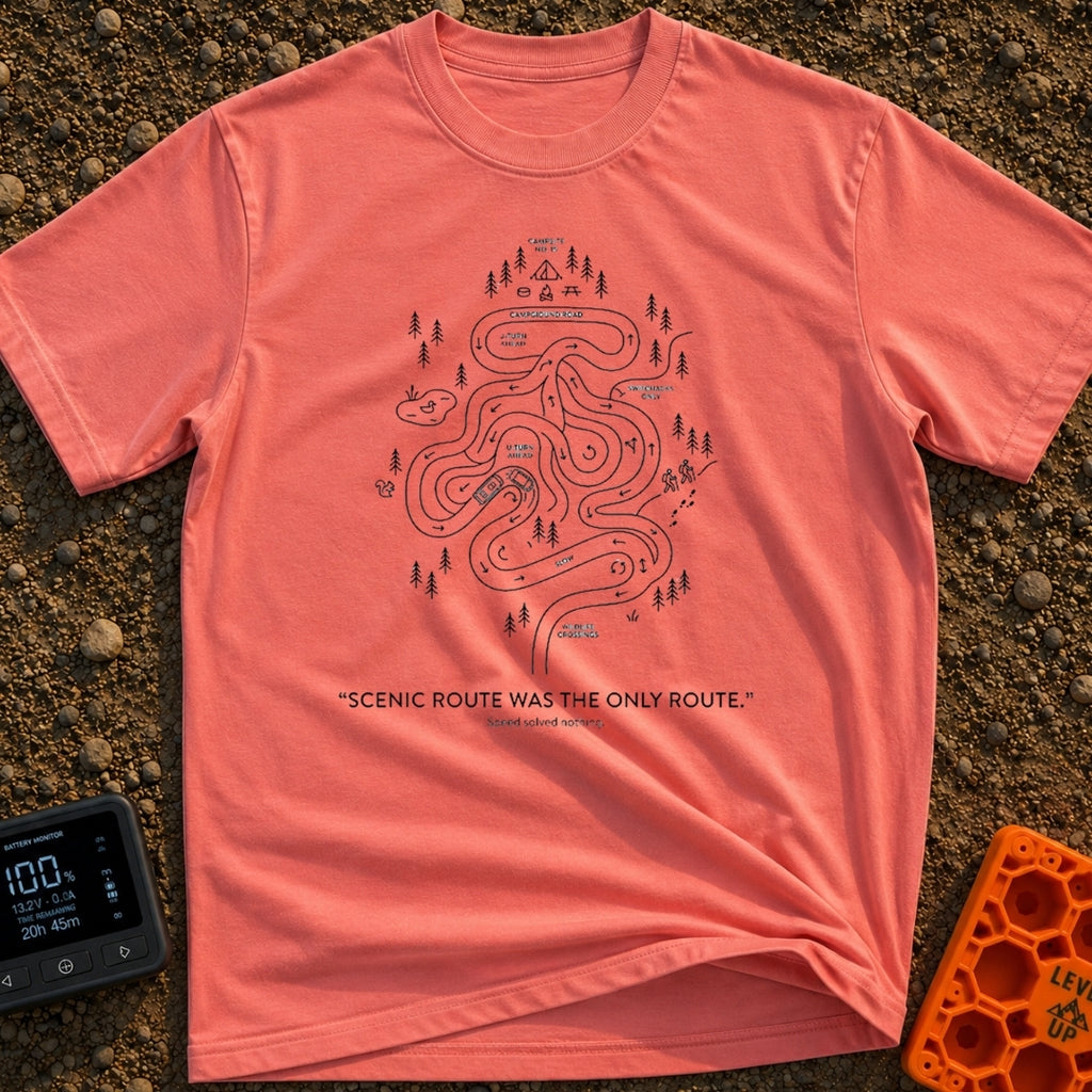 Scenic Route By Default - T-Shirt in Watermelon - A minimalist line drawing of a highly convoluted, maze-like road...