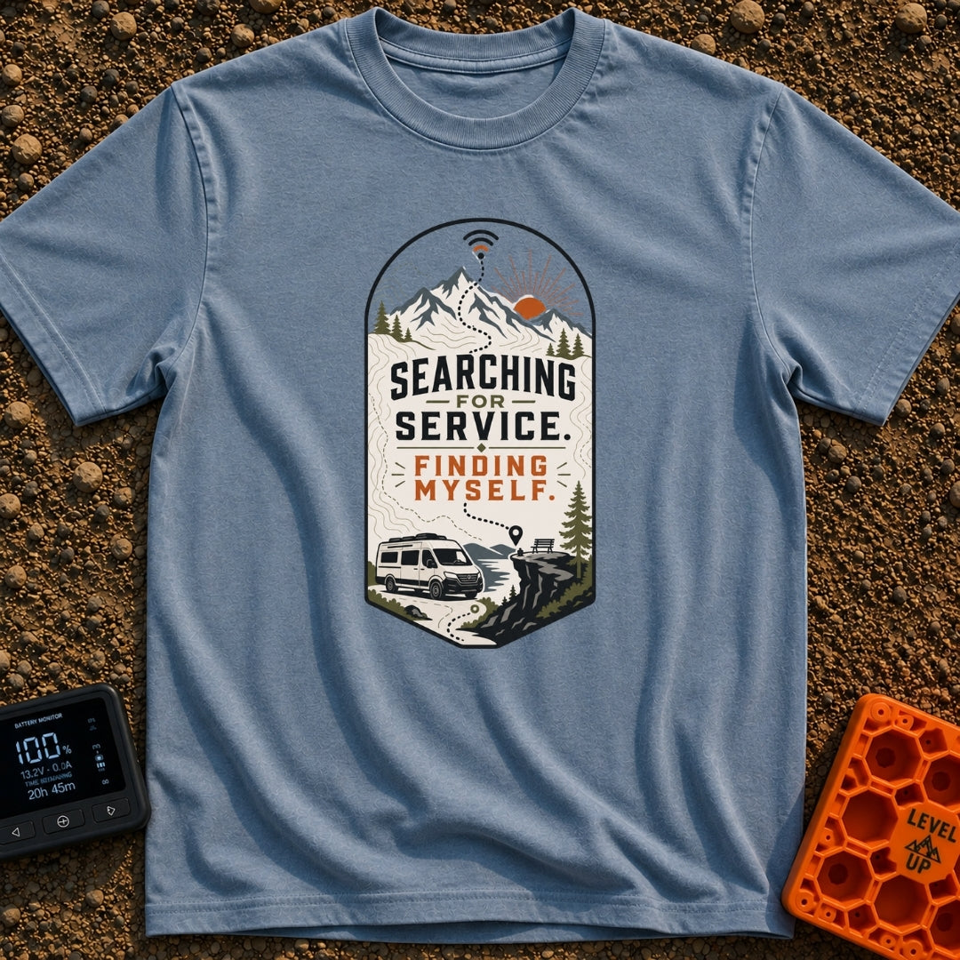 No Service Found Myself - T-Shirt in Blue Jean - An arched graphic featuring a white camper van on a winding road, with a...