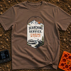 No Service Found Myself - T-Shirt in Espresso - An arched graphic featuring a white camper van on a winding road, with a...