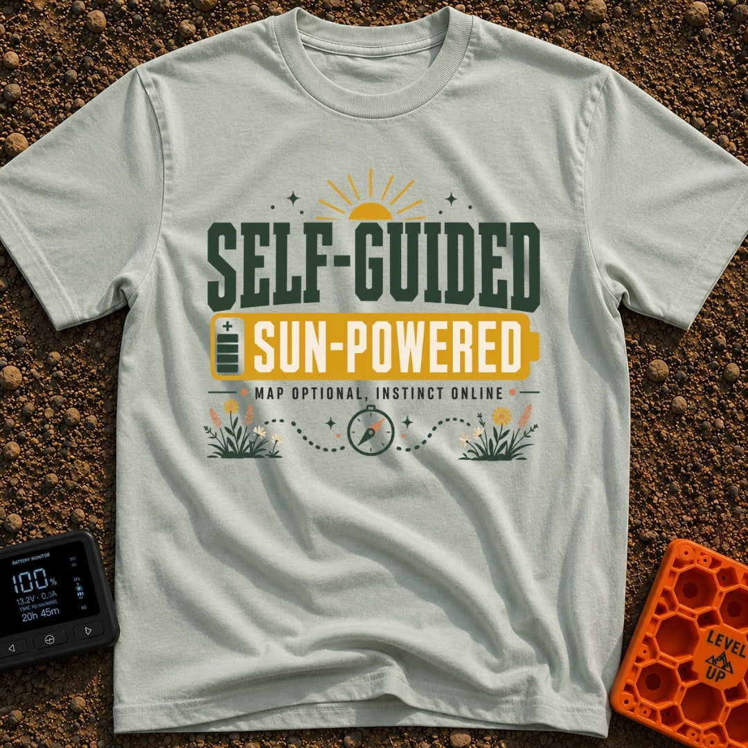 Solar Power Trip - T-Shirt in Bay - A typographic design featuring the text "SELF-GUIDED" above a yellow full-battery...