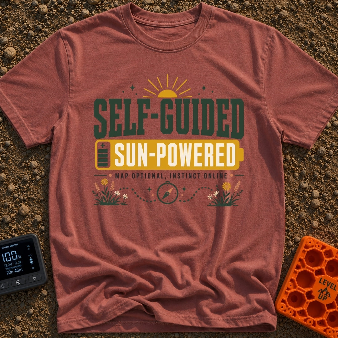 Solar Power Trip - T-Shirt in Brick - A typographic design featuring the text "SELF-GUIDED" above a yellow full-battery...