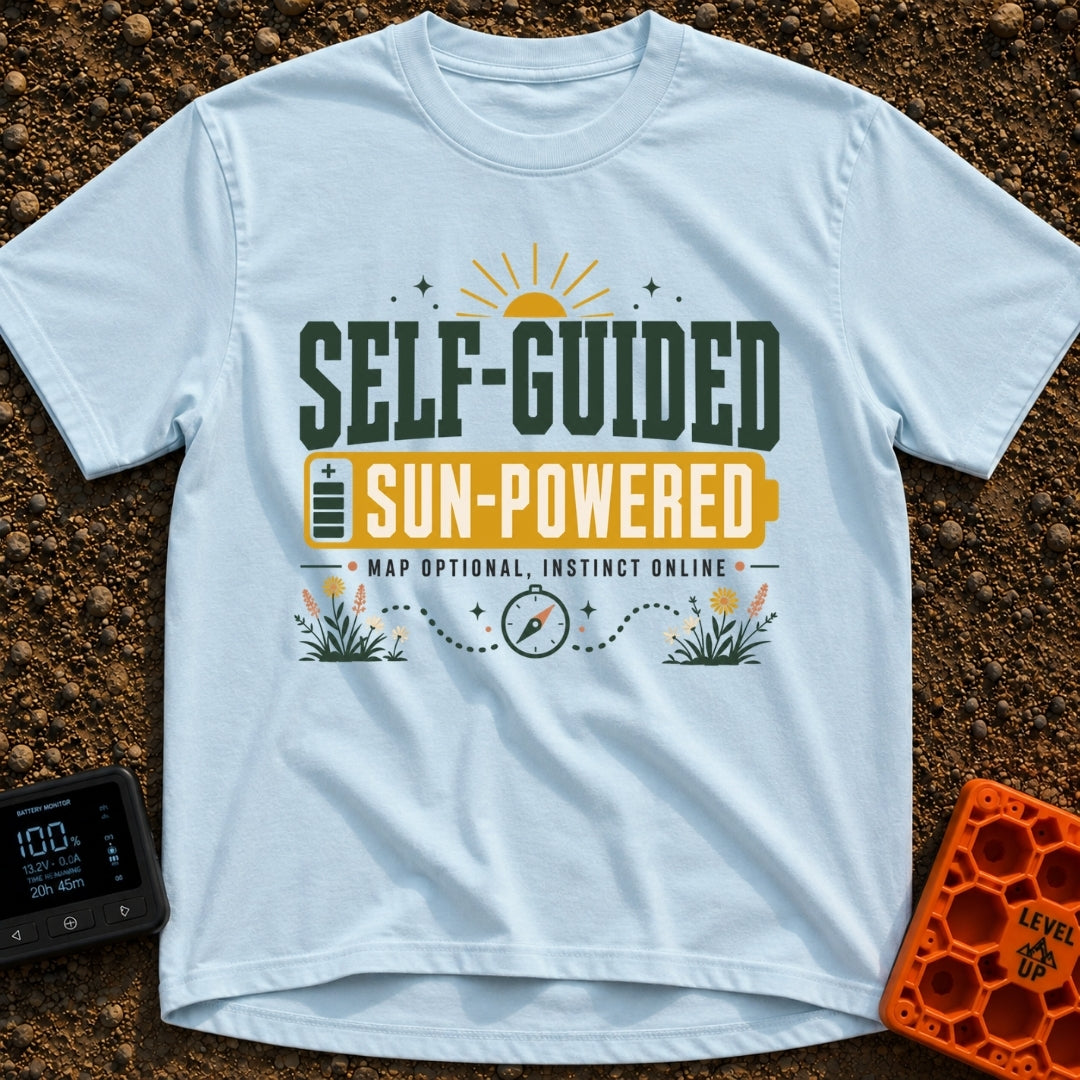 Solar Power Trip - T-Shirt in Chambray - A typographic design featuring the text "SELF-GUIDED" above a yellow...