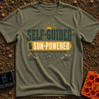 Solar Power Trip - T-Shirt in Moss - A typographic design featuring the text "SELF-GUIDED" above a yellow full-battery...