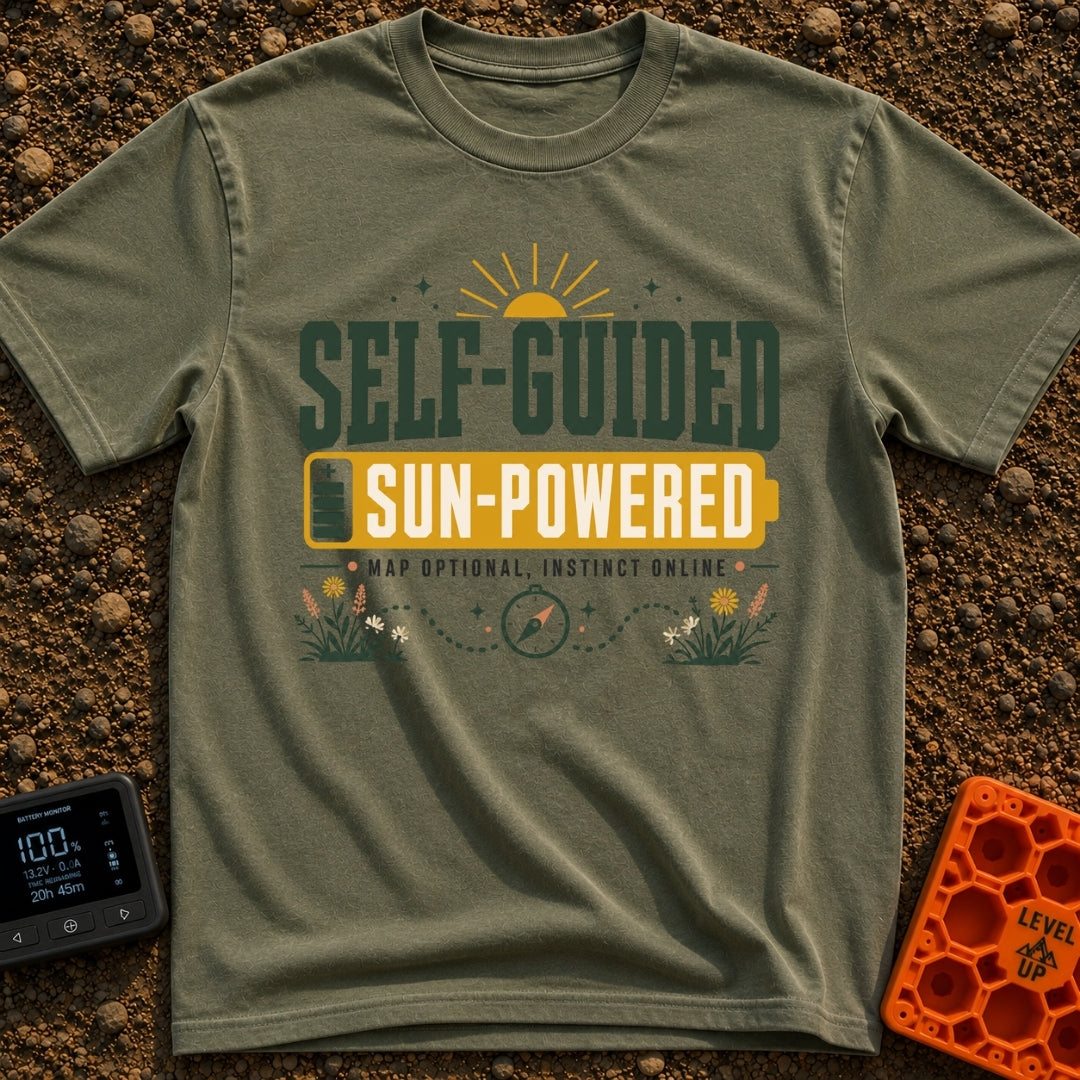 Solar Power Trip - T-Shirt in Moss - A typographic design featuring the text "SELF-GUIDED" above a yellow full-battery...