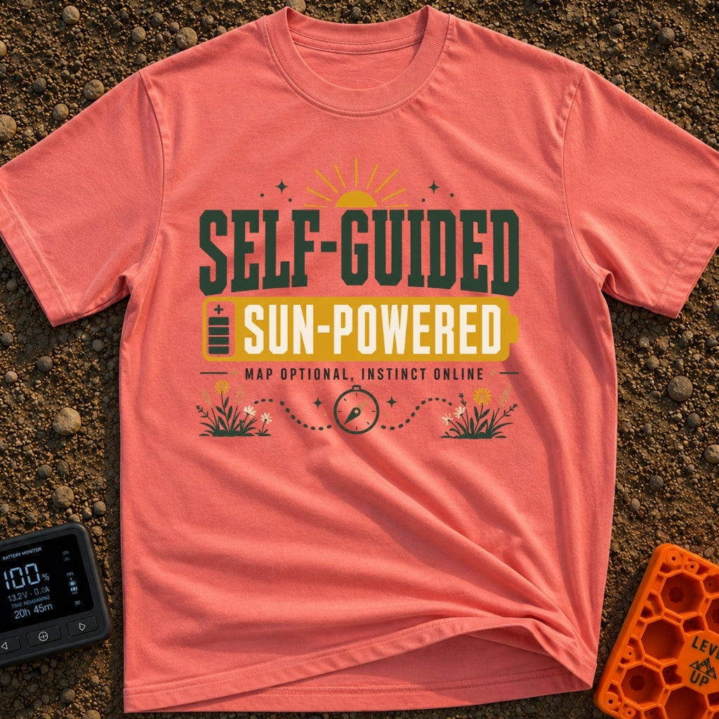 Solar Power Trip - T-Shirt in Watermelon - A typographic design featuring the text "SELF-GUIDED" above a yellow...