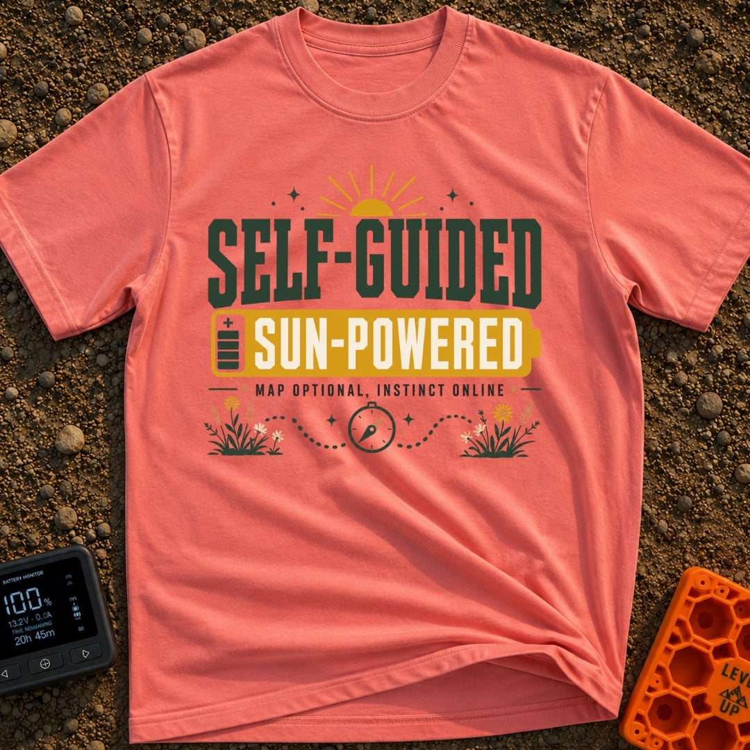 Solar Power Trip - T-Shirt in Watermelon - A typographic design featuring the text "SELF-GUIDED" above a yellow...
