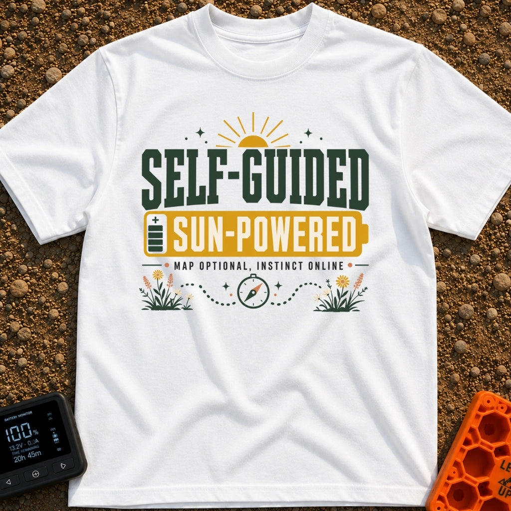 Solar Power Trip - T-Shirt in White - A typographic design featuring the text "SELF-GUIDED" above a yellow full-battery...