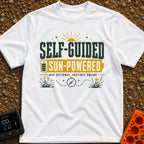 Solar Power Trip - T-Shirt in White - A typographic design featuring the text "SELF-GUIDED" above a yellow full-battery...
