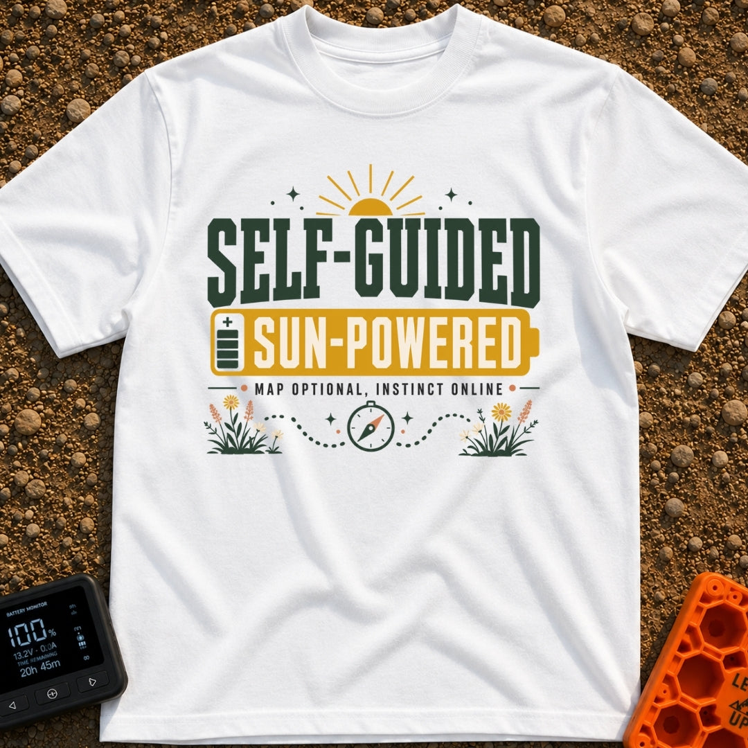 Solar Power Trip - T-Shirt in White - A typographic design featuring the text "SELF-GUIDED" above a yellow full-battery...
