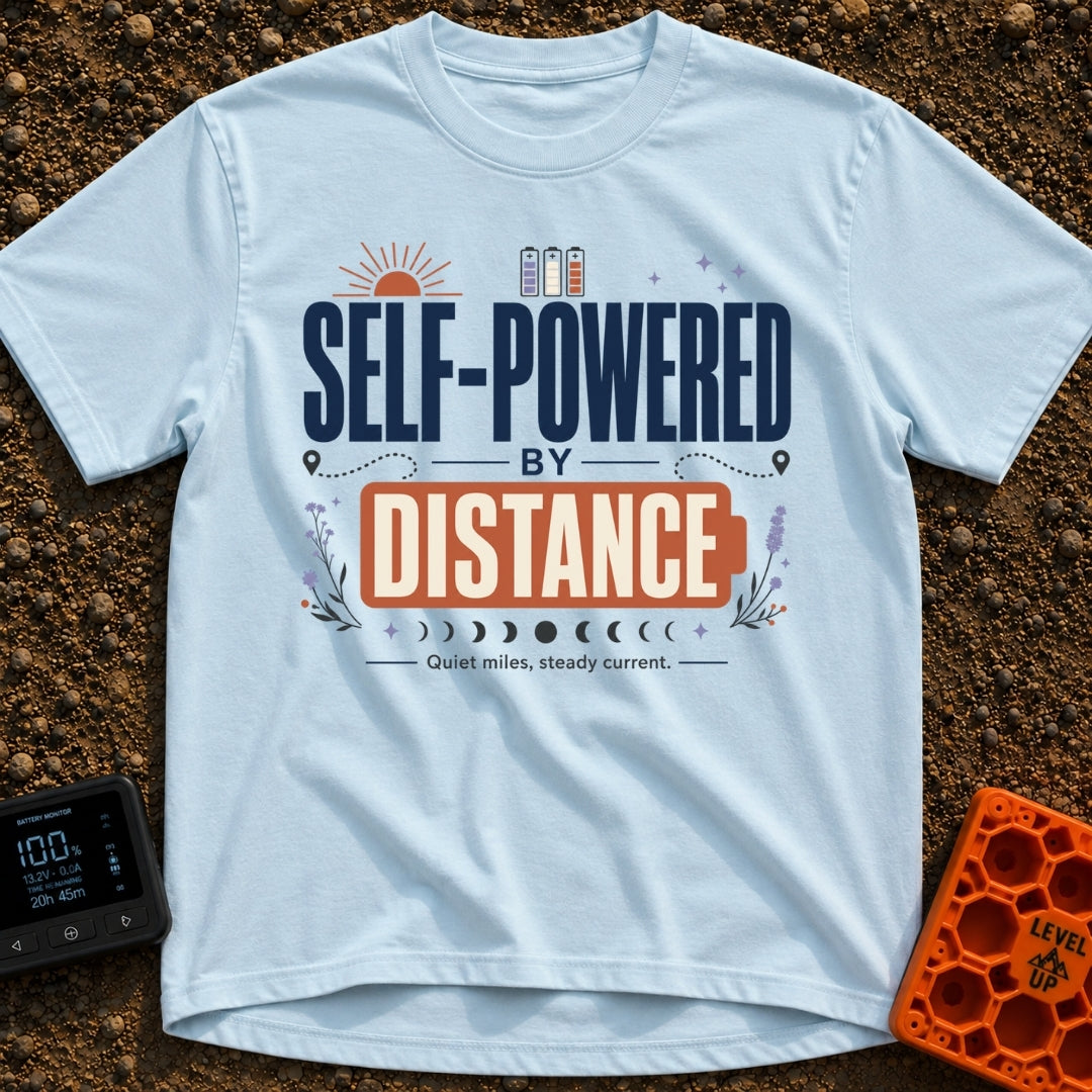 Charged By Distance - T-Shirt in Chambray - A typographic design reading "SELF-POWERED BY DISTANCE" with the word...
