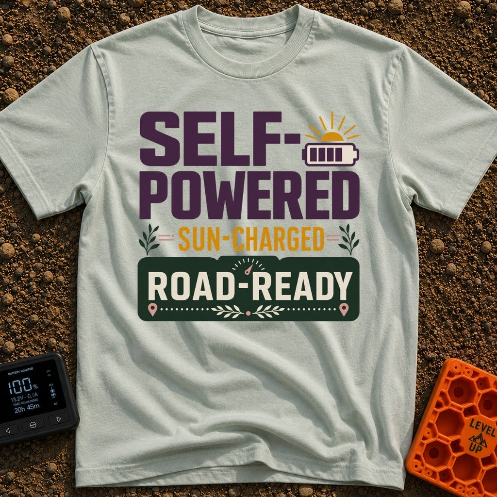 Sun Charged Road Ready - T-Shirt in Bay - A typographic design displaying the text "SELF-POWERED", "SUN-CHARGED", and...