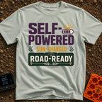 Sun Charged Road Ready - T-Shirt in Bay - A typographic design displaying the text "SELF-POWERED", "SUN-CHARGED", and...