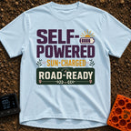 Sun Charged Road Ready - T-Shirt in Chambray - A typographic design displaying the text "SELF-POWERED", "SUN-CHARGED",...