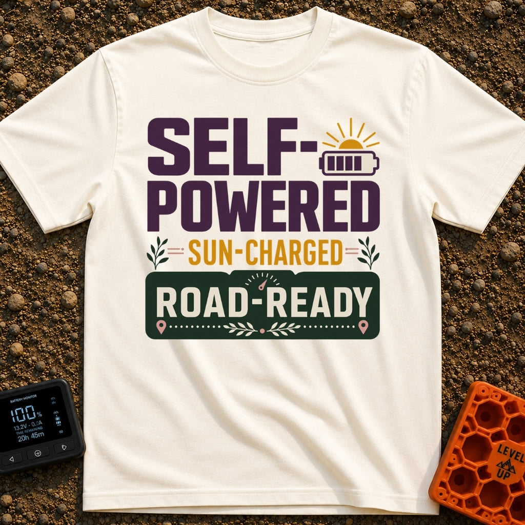 Sun Charged Road Ready - T-Shirt in Ivory - A typographic design displaying the text "SELF-POWERED", "SUN-CHARGED", and...