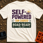 Sun Charged Road Ready - T-Shirt in Ivory - A typographic design displaying the text "SELF-POWERED", "SUN-CHARGED", and...