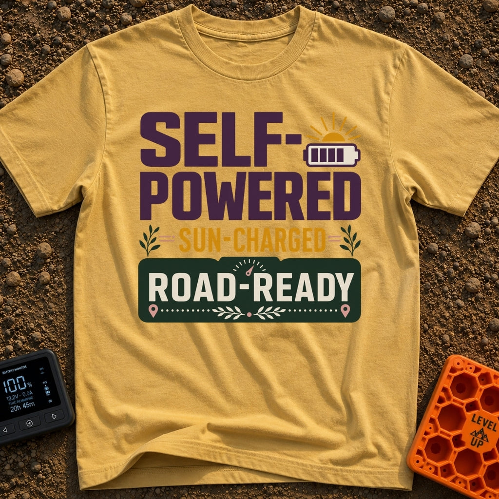 Sun Charged Road Ready - T-Shirt in Mustard - A typographic design displaying the text "SELF-POWERED", "SUN-CHARGED", and...