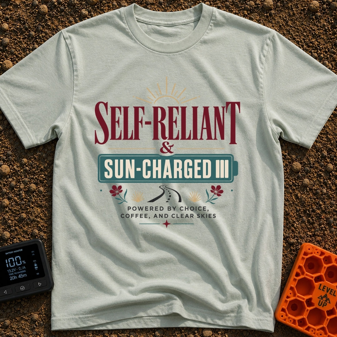 Sun Charged Nomad - T-Shirt in Bay - Typographic design featuring the words "SELF-RELIANT & SUN-CHARGED" enclosed in a...