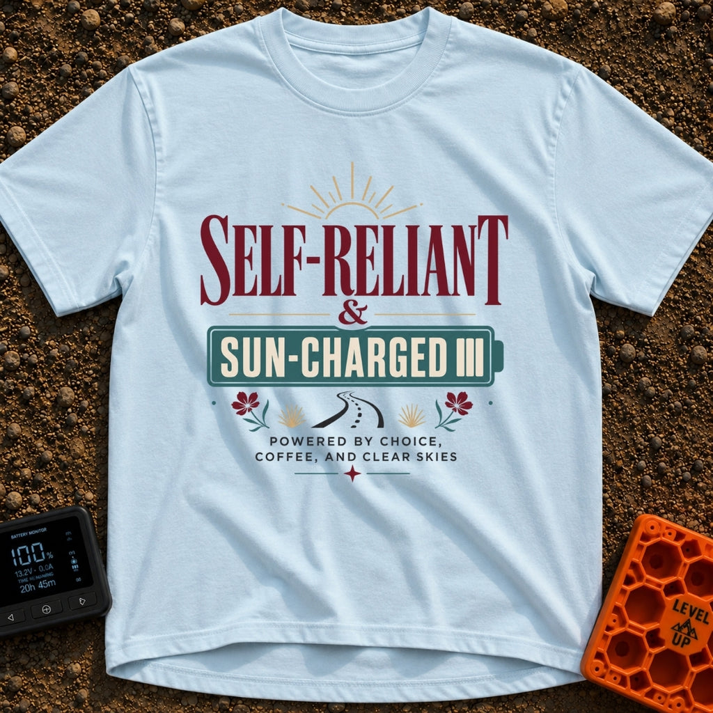 Sun Charged Nomad - T-Shirt in Chambray - Typographic design featuring the words "SELF-RELIANT & SUN-CHARGED" enclosed in...