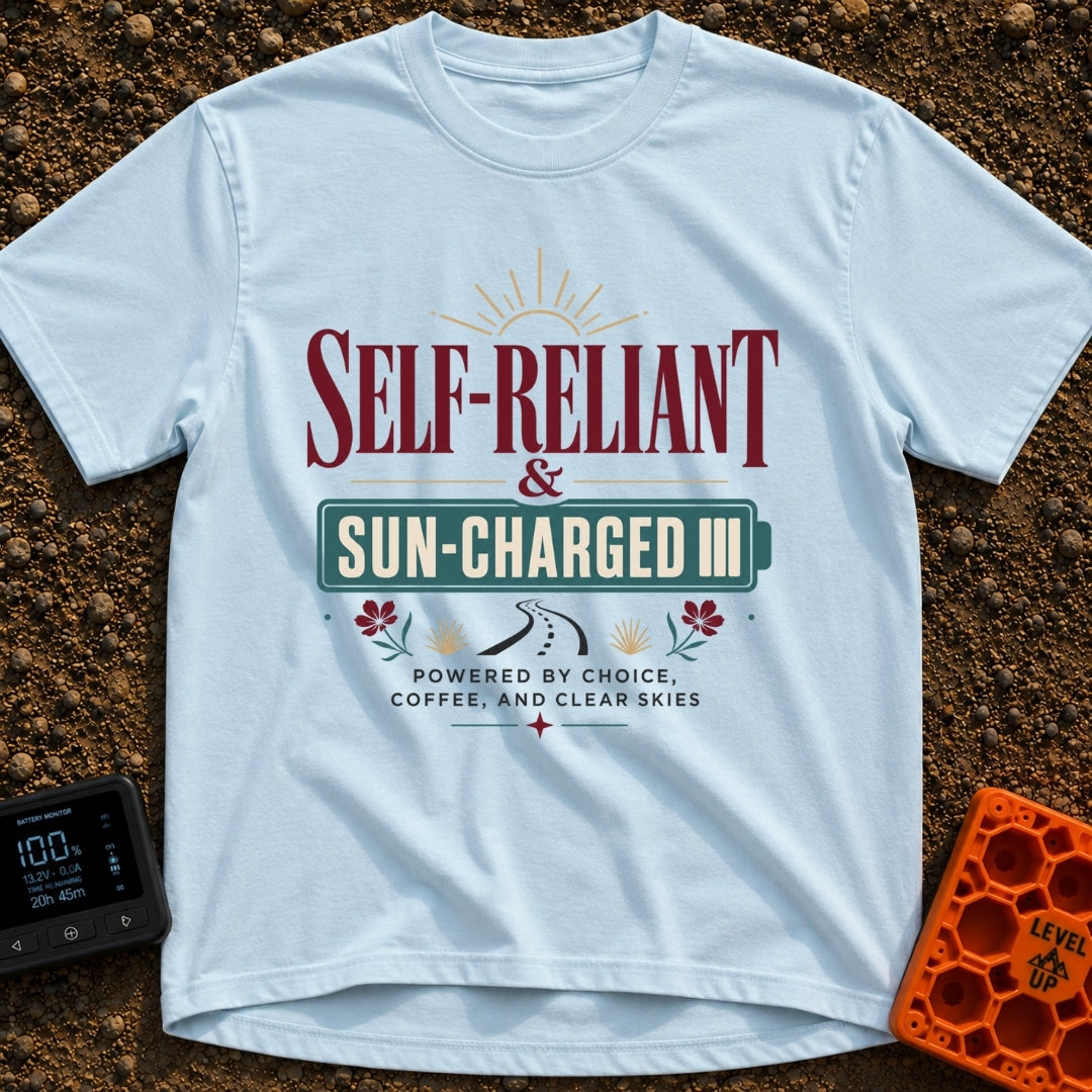 Sun Charged Nomad - T-Shirt in Chambray - Typographic design featuring the words "SELF-RELIANT & SUN-CHARGED" enclosed in...