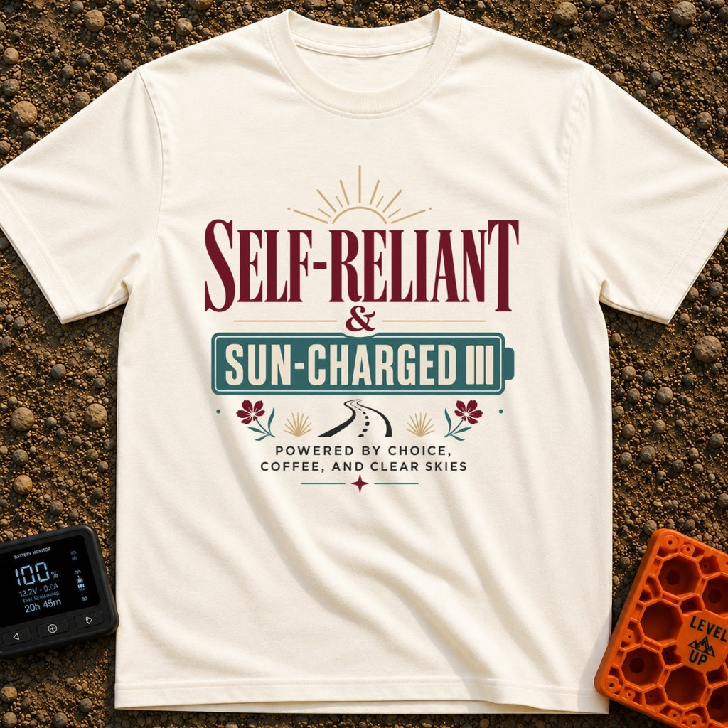 Sun Charged Nomad - T-Shirt in Ivory - Typographic design featuring the words "SELF-RELIANT & SUN-CHARGED" enclosed in a...