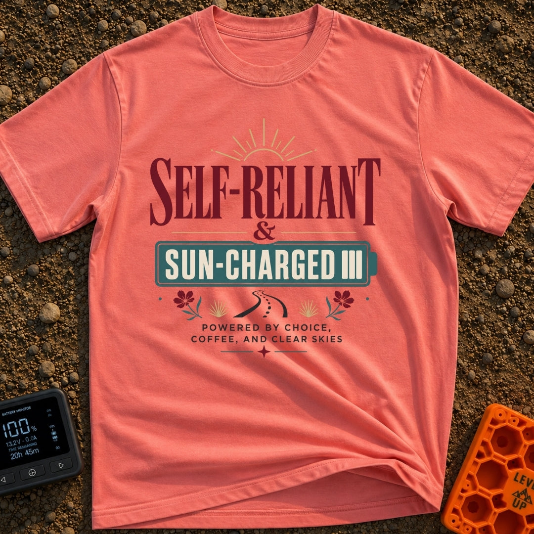 Sun Charged Nomad - T-Shirt in Watermelon - Typographic design featuring the words "SELF-RELIANT & SUN-CHARGED" enclosed...