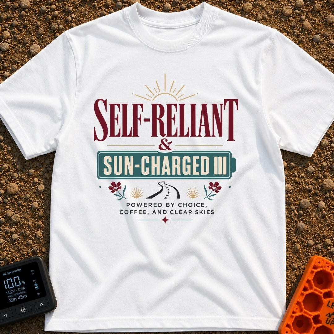 Sun Charged Nomad - T-Shirt in White - Typographic design featuring the words "SELF-RELIANT & SUN-CHARGED" enclosed in a...