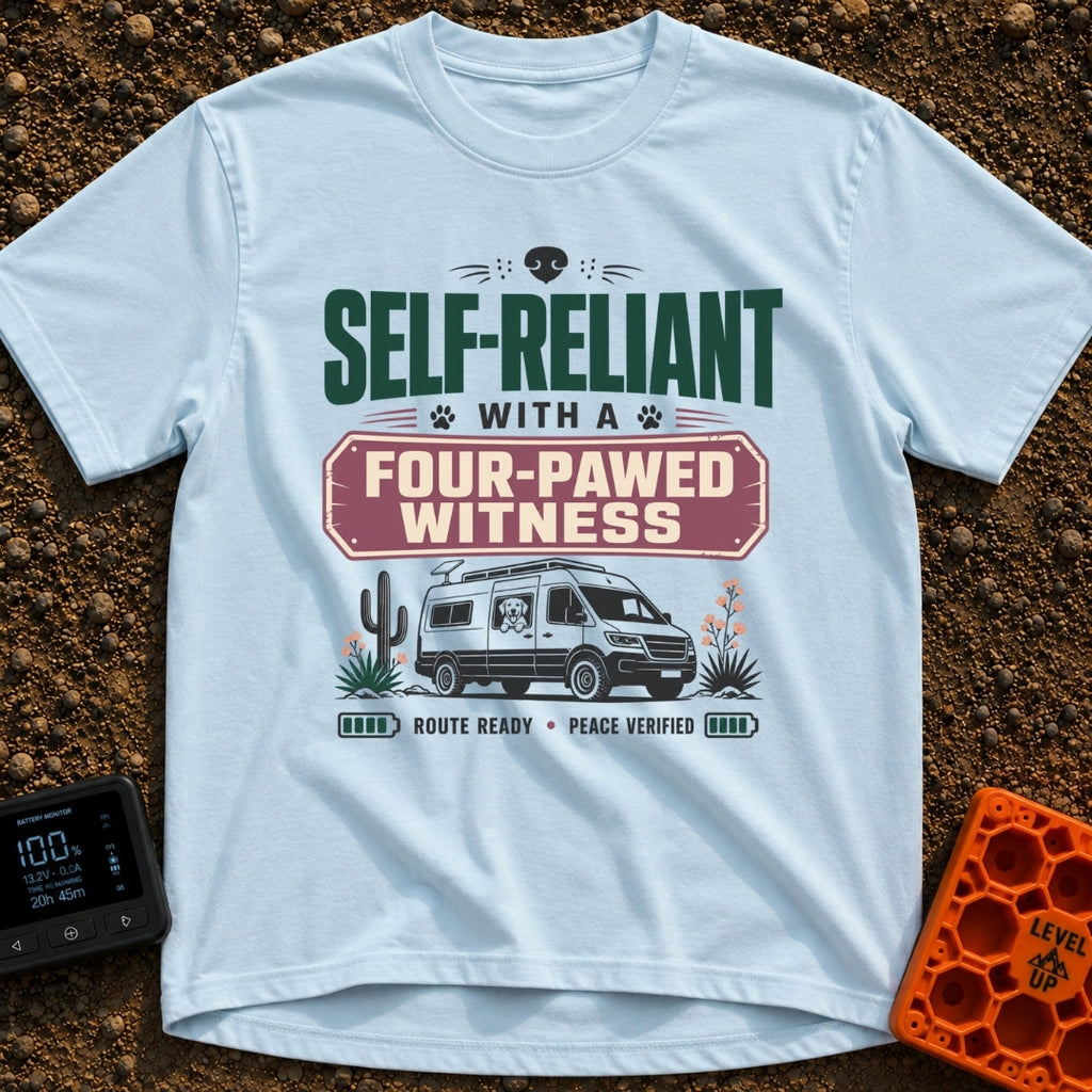 Four Pawed Witness - T-Shirt in Chambray - A graphic design featuring a camper van with a solar panel on its roof and a...