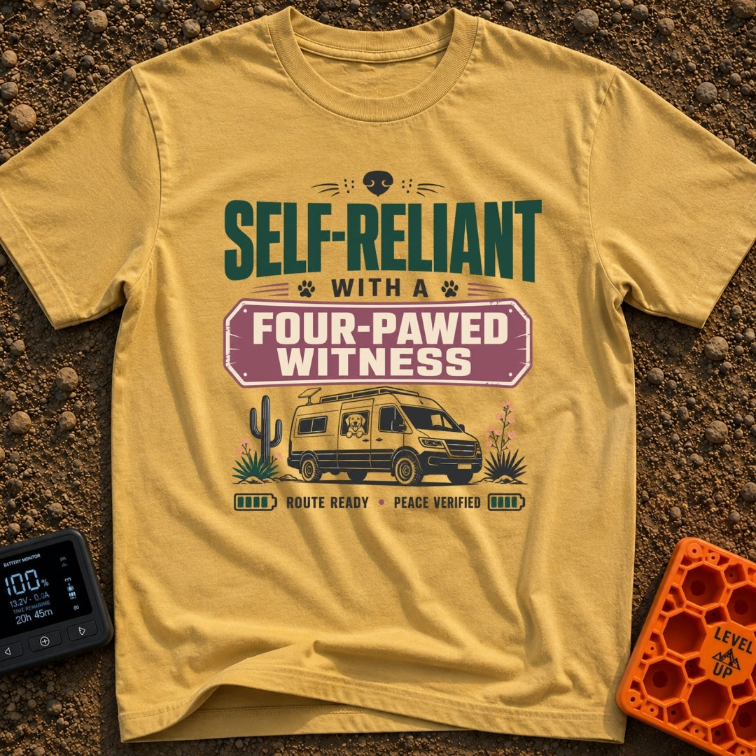 Four Pawed Witness - T-Shirt in Mustard - A graphic design featuring a camper van with a solar panel on its roof and a...