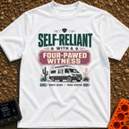 Four Pawed Witness - T-Shirt in White - A graphic design featuring a camper van with a solar panel on its roof and a dog...