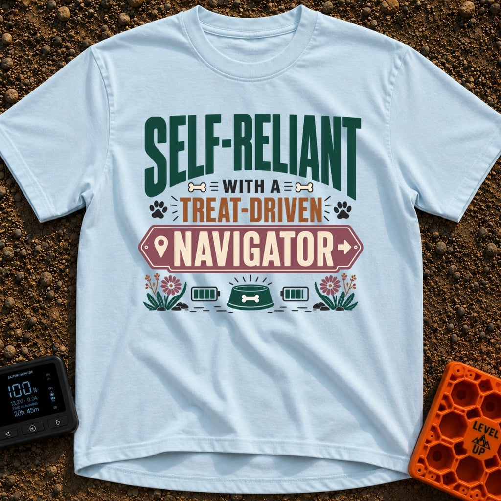 Treat Driven Navigator - T-Shirt in Chambray - A typographic design featuring the phrase 'SELF-RELIANT WITH A...