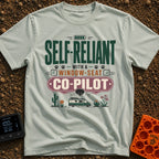 Self Reliant Paw Pilot - T-Shirt in Bay - A typographic design displaying the phrase "Self-Reliant With A Window-Seat...