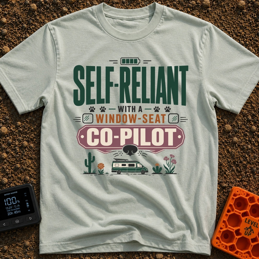 Self Reliant Paw Pilot - T-Shirt in Bay - A typographic design displaying the phrase "Self-Reliant With A Window-Seat...