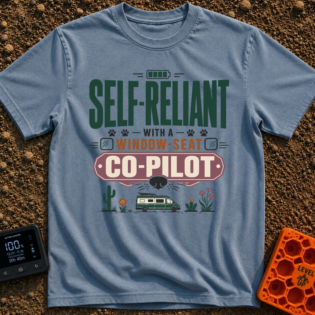 Self Reliant Paw Pilot - T-Shirt in Blue Jean - A typographic design displaying the phrase "Self-Reliant With A...