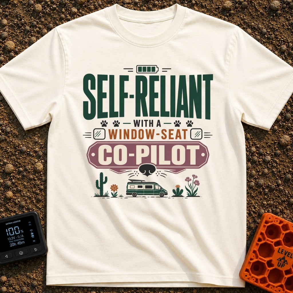 Self Reliant Paw Pilot - T-Shirt in Ivory - A typographic design displaying the phrase "Self-Reliant With A Window-Seat...